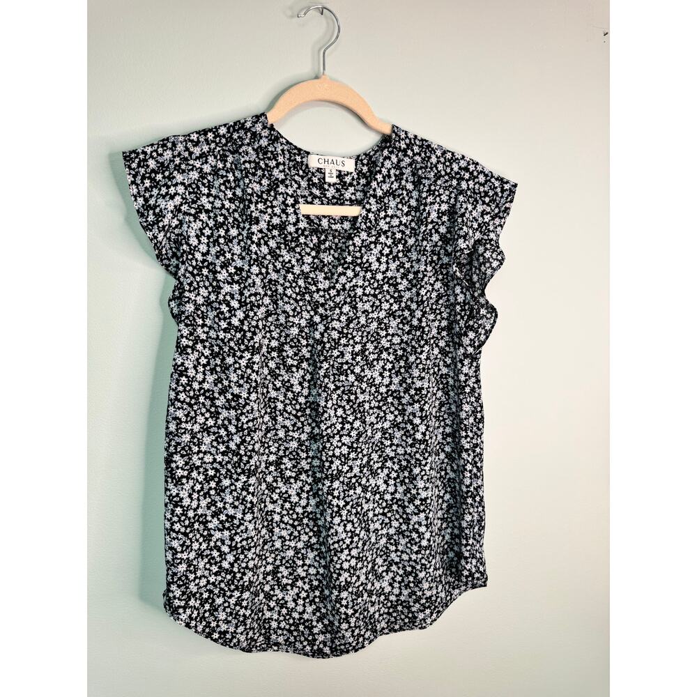 EUC! Chaus V-Neck Short Sleeve Floral Blouse - Blue & Black - Size Small